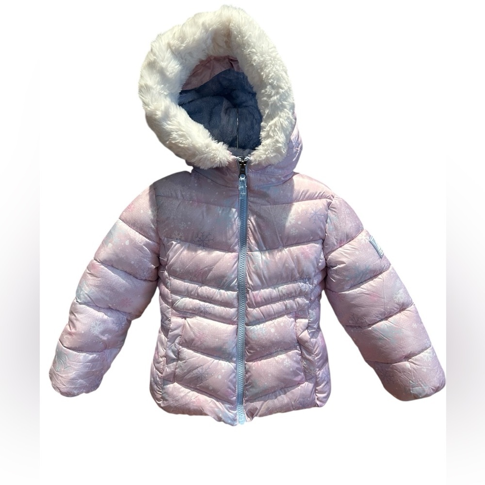 Snozu Pink Snowflake Puffer Coat Faux Fur Hood Winter Jacket Toddler Girls 4T